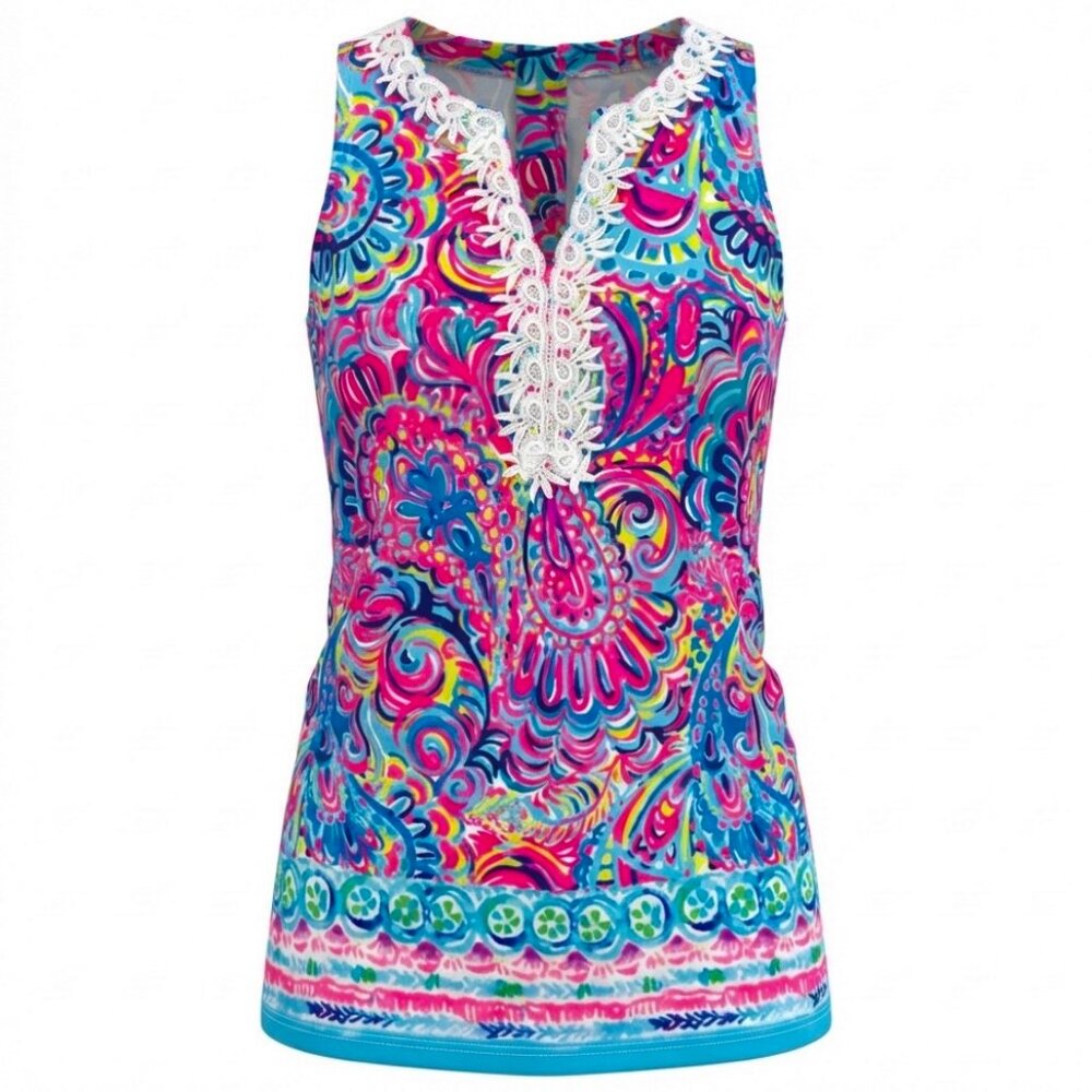Mini Dress Multicolor Women Small‎ Sleeveless Lace Resort-wear Tropical Casual